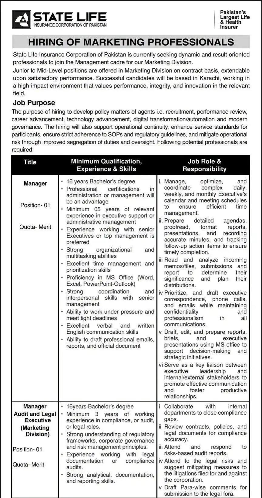 State Life Insurance Corporation of Pakistan Karachi Marketing Jobs 2026 — page 2